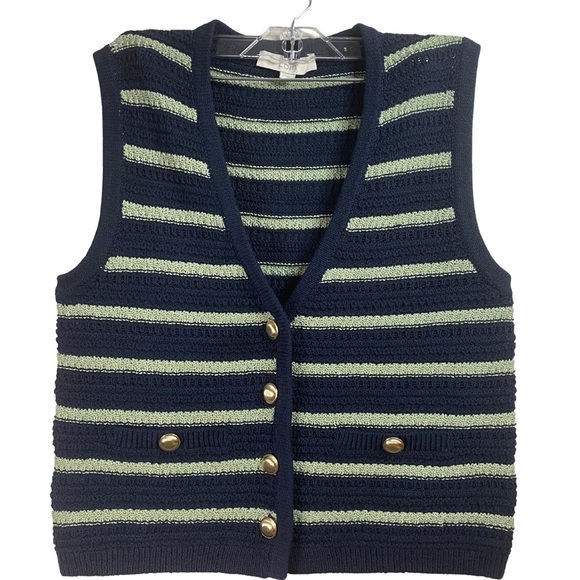 LOFT Sweaters - LOFT Navy and Green Striped V-Neck Sweater Vest